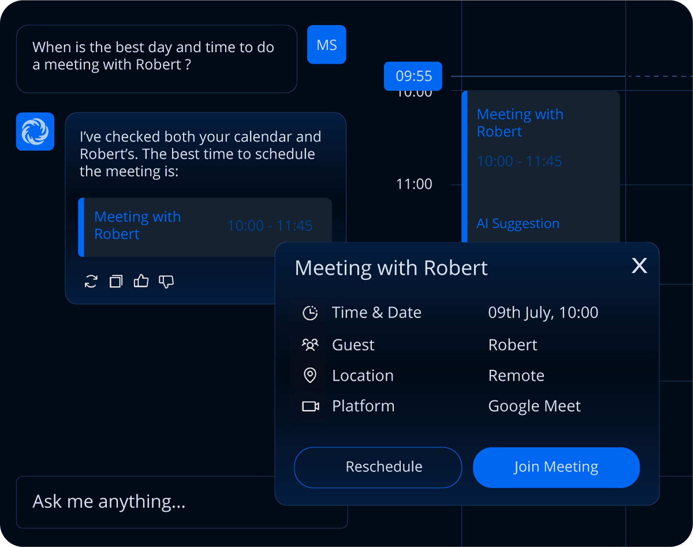 Platform asking to the AI times for a meeting
